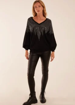 Blue Vanilla Black V Neck Diamante Jumper
