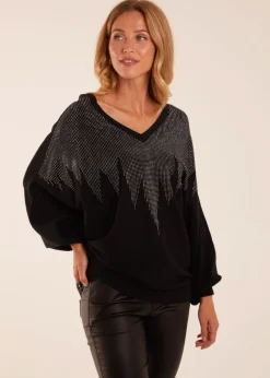 Blue Vanilla Black V Neck Diamante Jumper