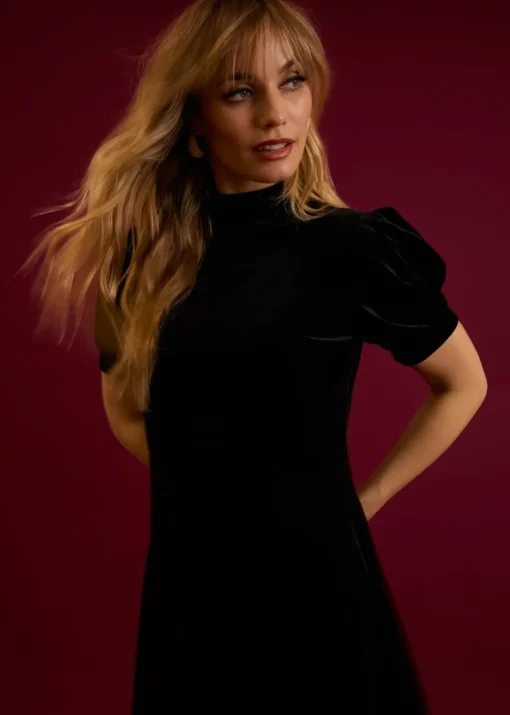 Blue Vanilla Black Velvet Puff Sleeve Dress