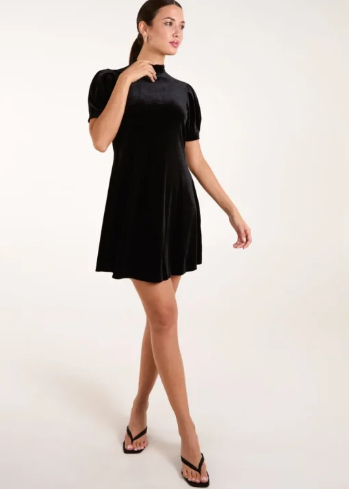 Blue Vanilla Black Velvet Puff Sleeve Dress