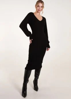 Blue Vanilla Black V-Neck Ribbed Dress