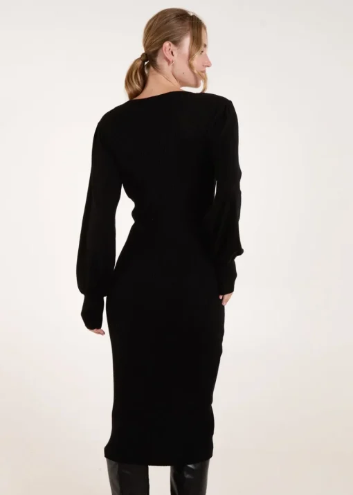 Blue Vanilla Black V-Neck Ribbed Dress