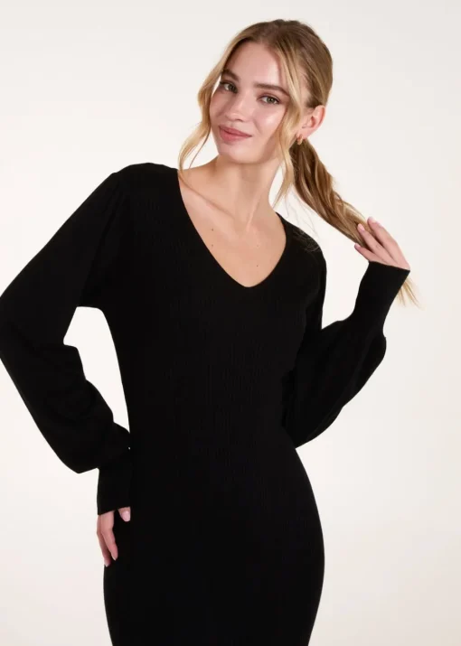 Blue Vanilla Black V-Neck Ribbed Dress