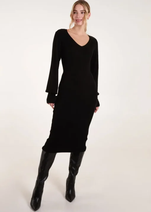 Blue Vanilla Black V-Neck Ribbed Dress