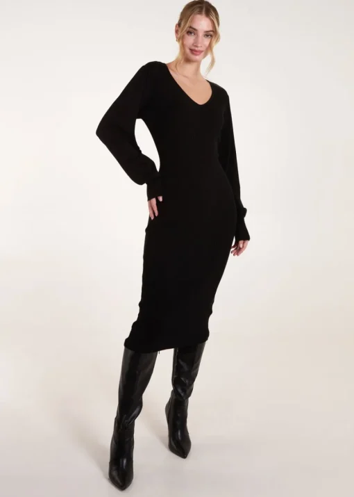 Blue Vanilla Black V-Neck Ribbed Dress
