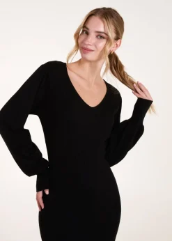 Blue Vanilla Black V-Neck Ribbed Dress
