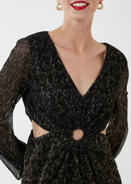 Blue Vanilla Black V-Neck Long Sleeve Lurex Dress