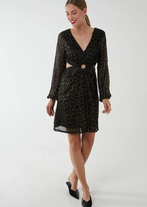 Blue Vanilla Black V-Neck Long Sleeve Lurex Dress