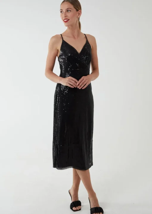 Blue Vanilla Black Wrap Front Cami Midi Dress