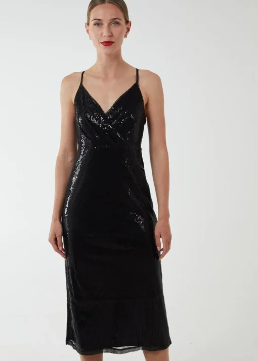 Blue Vanilla Black Wrap Front Cami Midi Dress