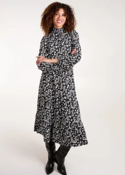 Blue Vanilla Black/White High Neck Shirred Tiered Midi Dress