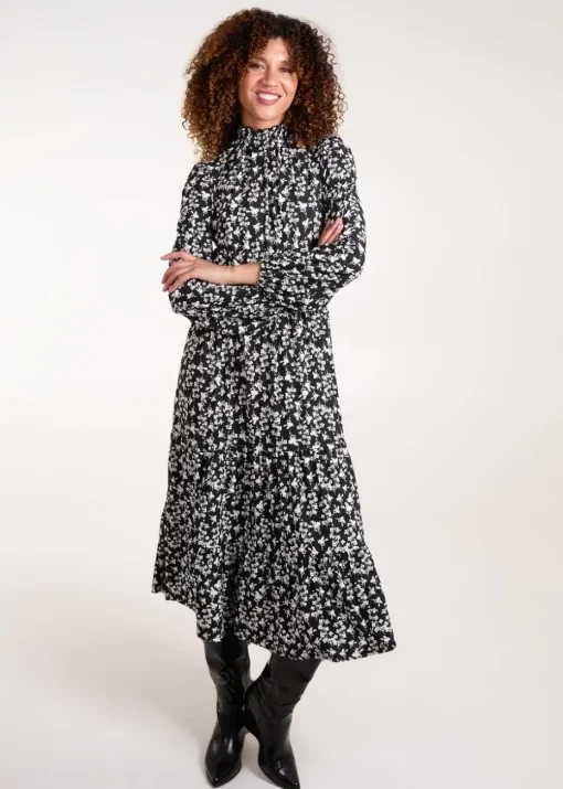 Blue Vanilla Black/White High Neck Shirred Tiered Midi Dress
