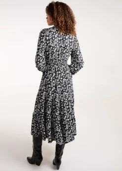 Blue Vanilla Black/White High Neck Shirred Tiered Midi Dress