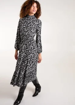 Blue Vanilla Black/White High Neck Shirred Tiered Midi Dress
