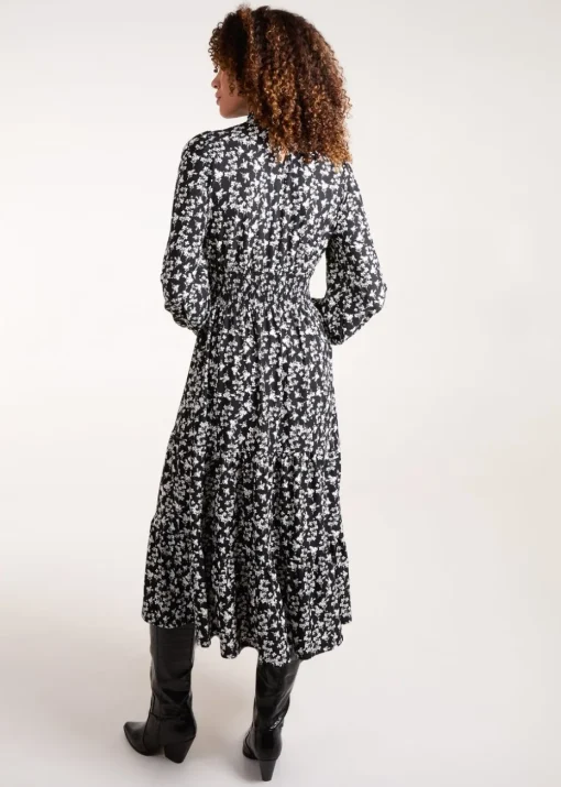 Blue Vanilla Black/White High Neck Shirred Tiered Midi Dress