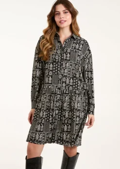 Blue Vanilla Black/White Printed Smock Shirt Dress
