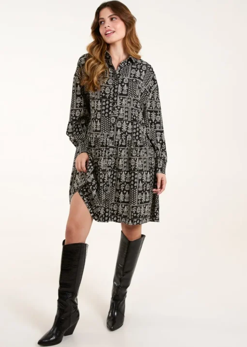 Blue Vanilla Black/White Printed Smock Shirt Dress