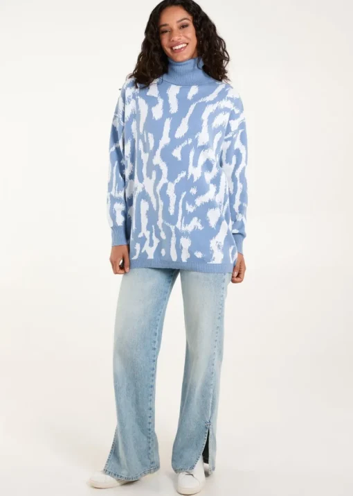 Blue Vanilla Blue Abstract Animal Roll Neck Jumper