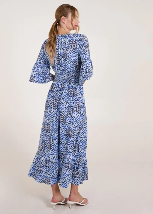 Blue Vanilla Blue Abstract Elasticated Neck Shirred Waist Maxi Dress