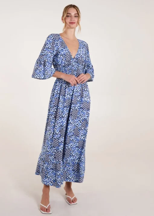 Blue Vanilla Blue Abstract Elasticated Neck Shirred Waist Maxi Dress