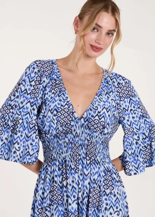 Blue Vanilla Blue Abstract Elasticated Neck Shirred Waist Maxi Dress