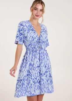 Blue Vanilla Blue Abstract Shirred Waist V Neck Dress
