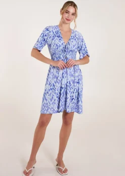 Blue Vanilla Blue Abstract Shirred Waist V Neck Dress