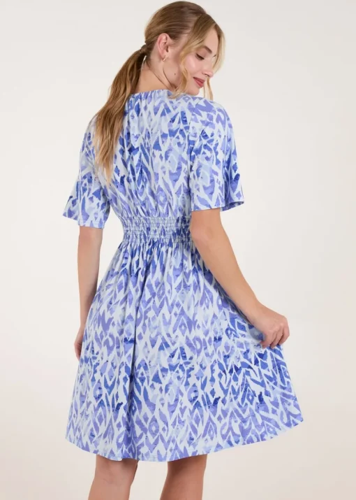 Blue Vanilla Blue Abstract Shirred Waist V Neck Dress