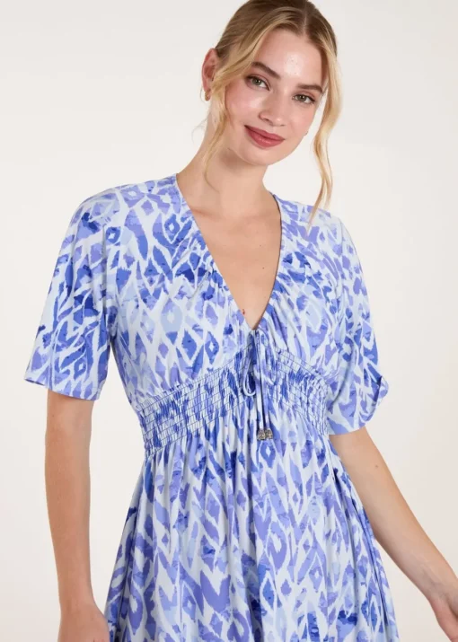 Blue Vanilla Blue Abstract Shirred Waist V Neck Dress
