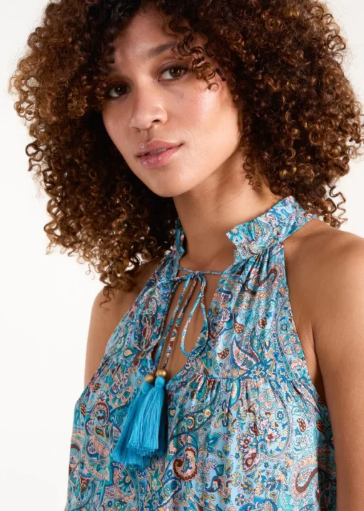 Blue Vanilla Blue Art Silk Tie Neck Smock Maxi Dress