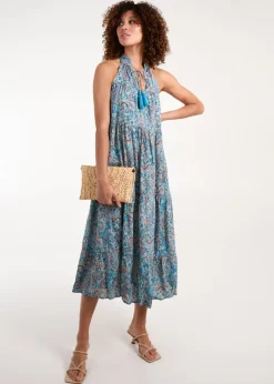 Blue Vanilla Blue Art Silk Tie Neck Smock Maxi Dress