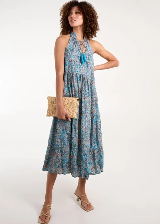 Blue Vanilla Blue Art Silk Tie Neck Smock Maxi Dress