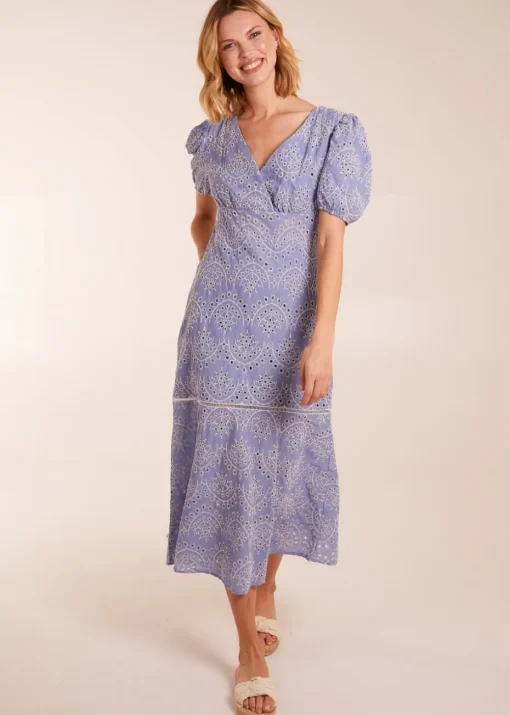 Blue Vanilla Blue Broderie Anglaise Puff Sleeve Midi Dress