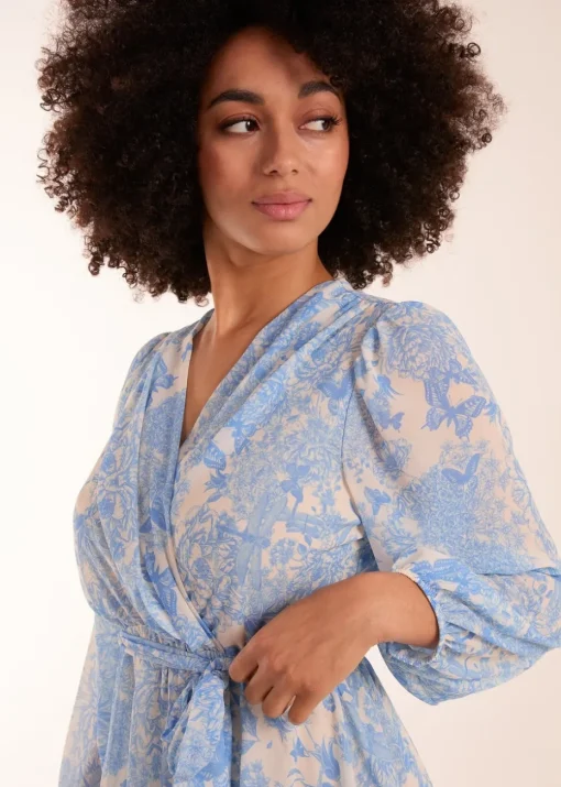 Blue Vanilla Blue Butterfly Floral Wrap Dress