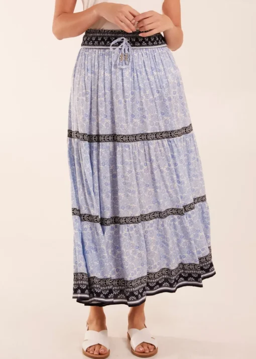 Blue Vanilla Blue Contrast Printed Tiered Skirt