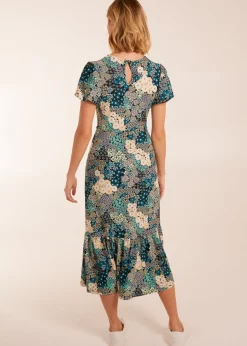 Blue Vanilla Blue Crew Neck Knot Front Floral Midi Dress