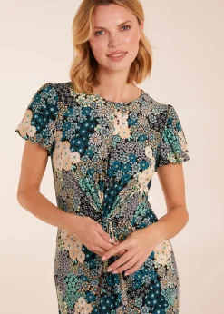 Blue Vanilla Blue Crew Neck Knot Front Floral Midi Dress