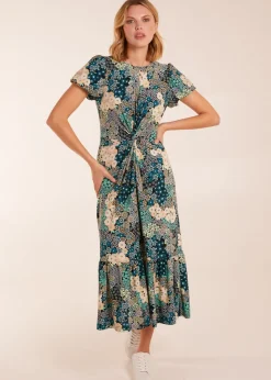 Blue Vanilla Blue Crew Neck Knot Front Floral Midi Dress