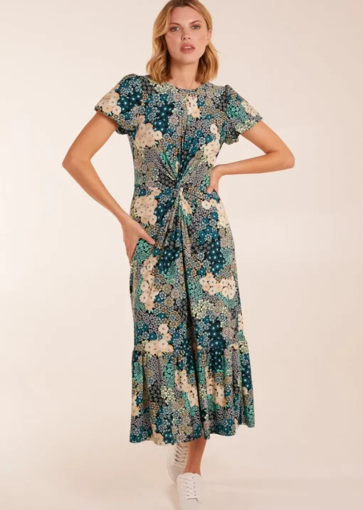 Blue Vanilla Blue Crew Neck Knot Front Floral Midi Dress