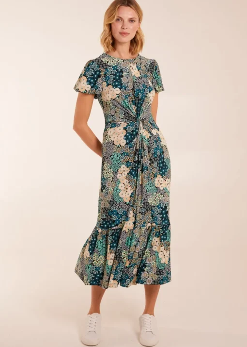 Blue Vanilla Blue Crew Neck Knot Front Floral Midi Dress