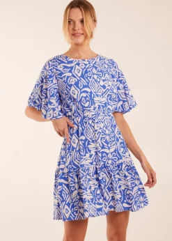 Blue Vanilla Blue Crew Neck Aztec Tiered Mini Dress