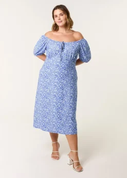 Blue Vanilla Blue Curve Ditsy Print Milkmaid Stretch Crepe Midi Dress