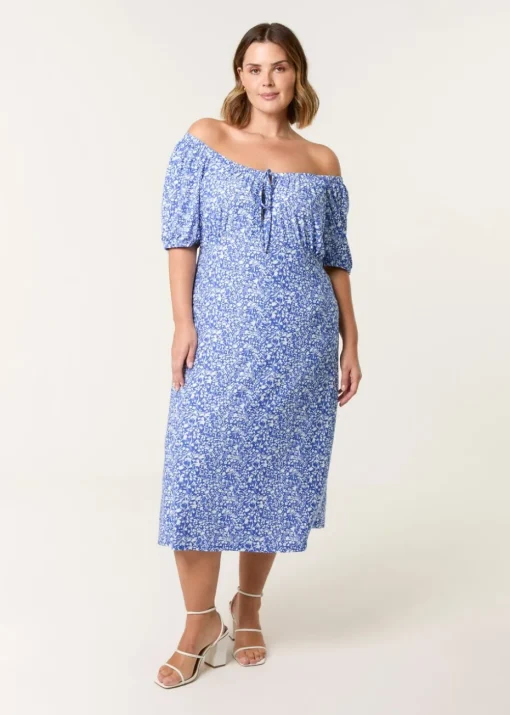 Blue Vanilla Blue Curve Ditsy Print Milkmaid Stretch Crepe Midi Dress