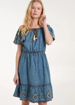 Blue Vanilla Blue Denim Embroidered Tiered Dress