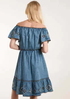 Blue Vanilla Blue Denim Embroidered Tiered Dress