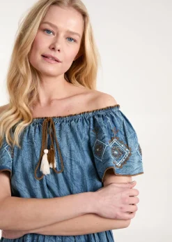 Blue Vanilla Blue Denim Embroidered Tiered Dress