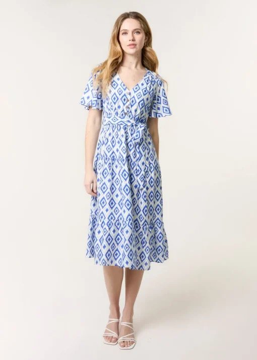 Blue Vanilla Blue Diamond Print Button Front Midi Dress