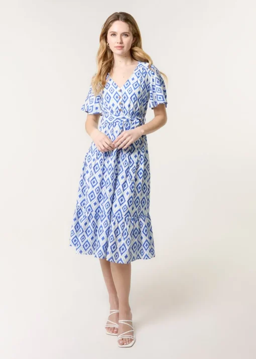 Blue Vanilla Blue Diamond Print Button Front Midi Dress