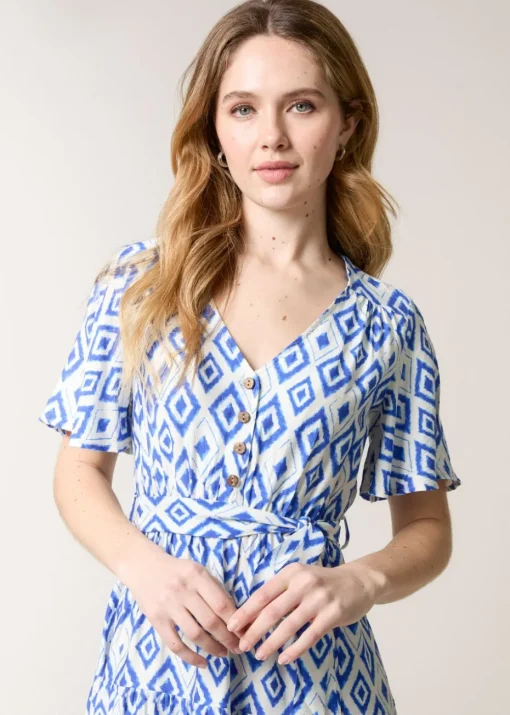 Blue Vanilla Blue Diamond Print Button Front Midi Dress