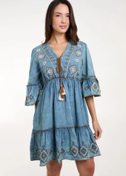 Blue Vanilla Blue Embroidered Denim Dress